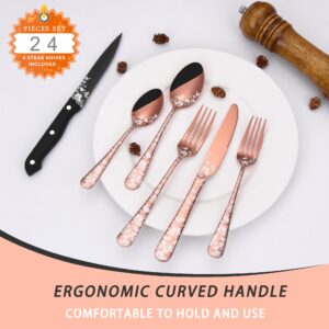 Stapava 24-Piece Copper Silverware Set with Steak Knives for 4, Unique Stainless Steel Rose Gold Flatware Cutlery Set, Mirror Polished, Dishwasher Safe Utensils