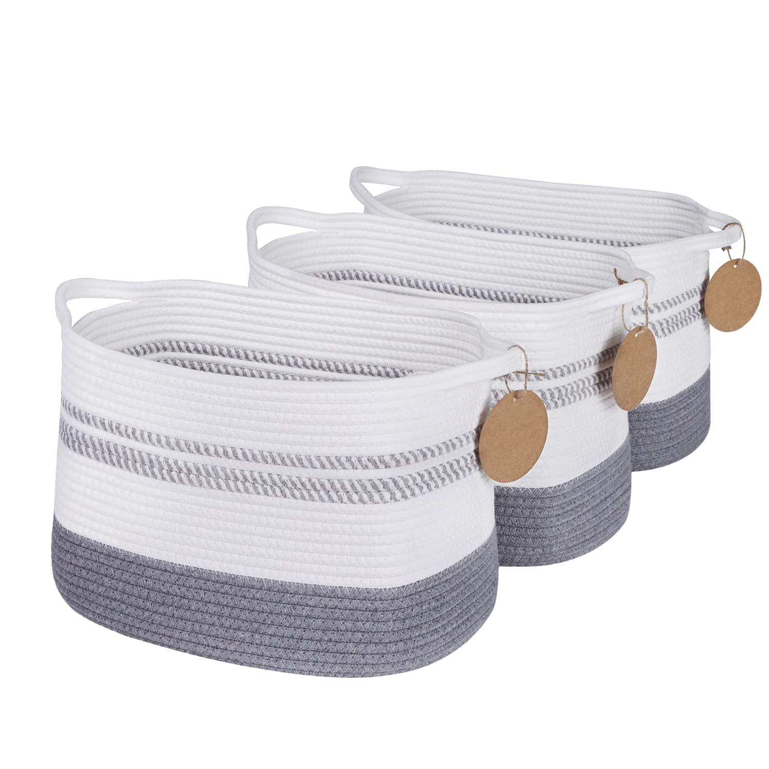 HONIZER Woven Baskets for Storage, 3-Pack Cotton Rope Storage Basket with Handles, Labels, Oval Toy Storage Bins for Cube Organizer, Stuffed Animal Storage Baskets for Shelf, Closet, Bedroom - Grey