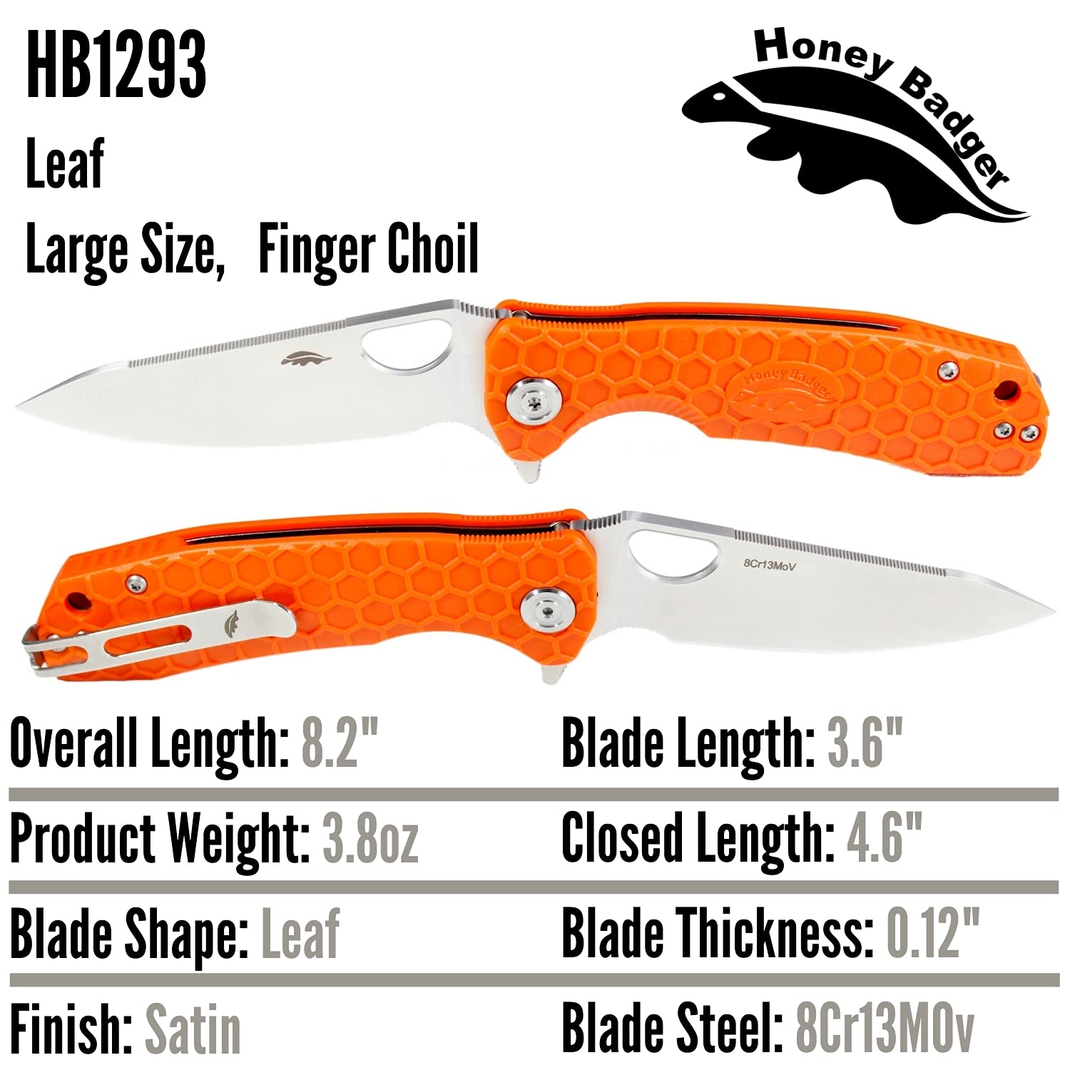 Western Active Honey Badger Knife - Flipper Leaf Pocket Knife, EDC Knife, Knife with 3.63" Blade, Fiberglass-Reinforced Nylon Handle, & Reversible Pocket Clip, 3.8oz - Leaf Blade Large