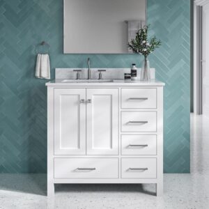 ARIEL Cambridge 37 Inch Bathroom Vanity with Sink, White Bathroom Vanity, Solid Wood Vanity Base Cabinet, Carrara Marble Countertop, Left Rectangular Single Sink, 2 Soft Closing Doors, 5 Drawers