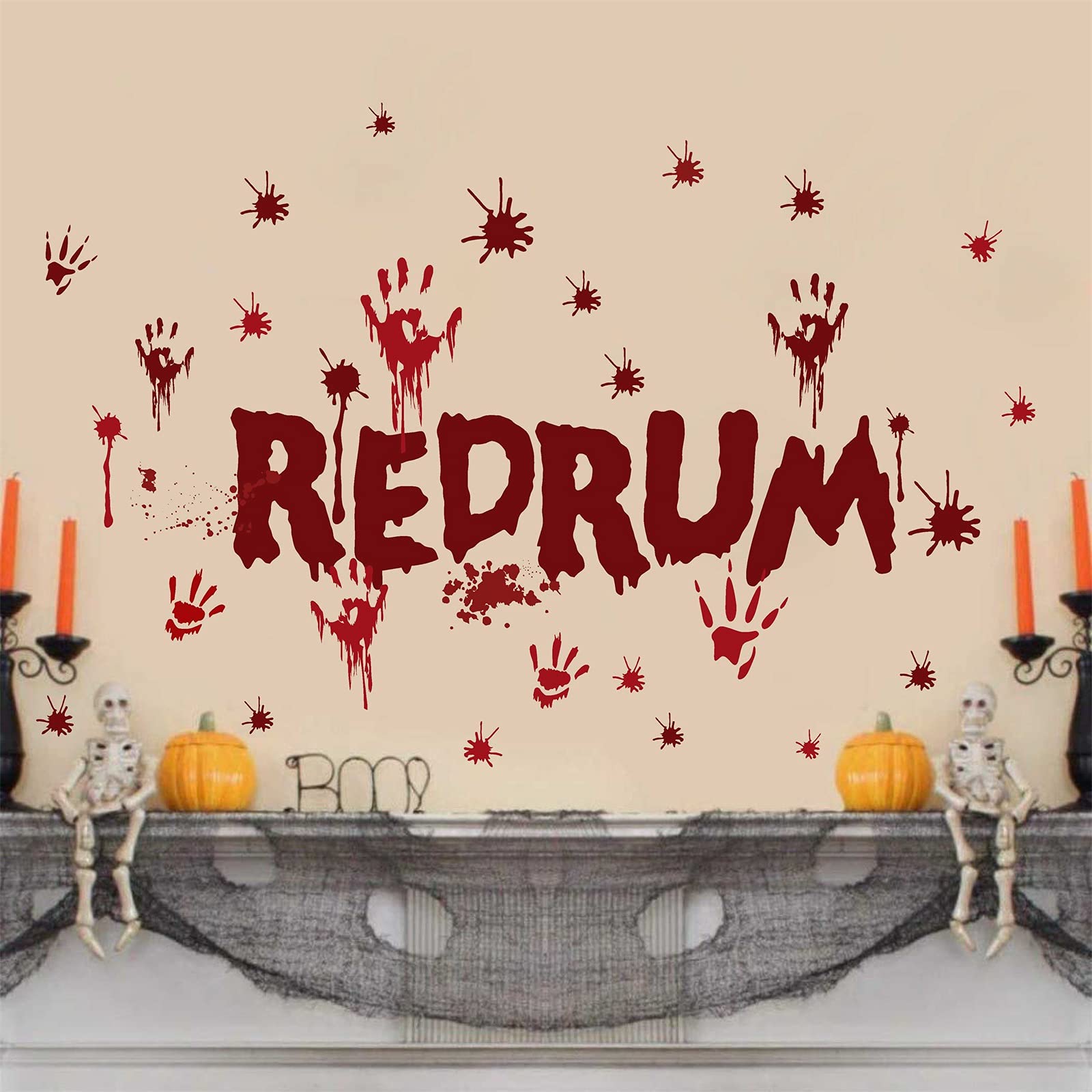 Halloween Redrum Murder Wall Decal Horror Ghost Hand Wall Decals Halloween Blood Splatter Decals Removable Peel and Stick Wall Stickers for Wall Halloween Party Window Decor