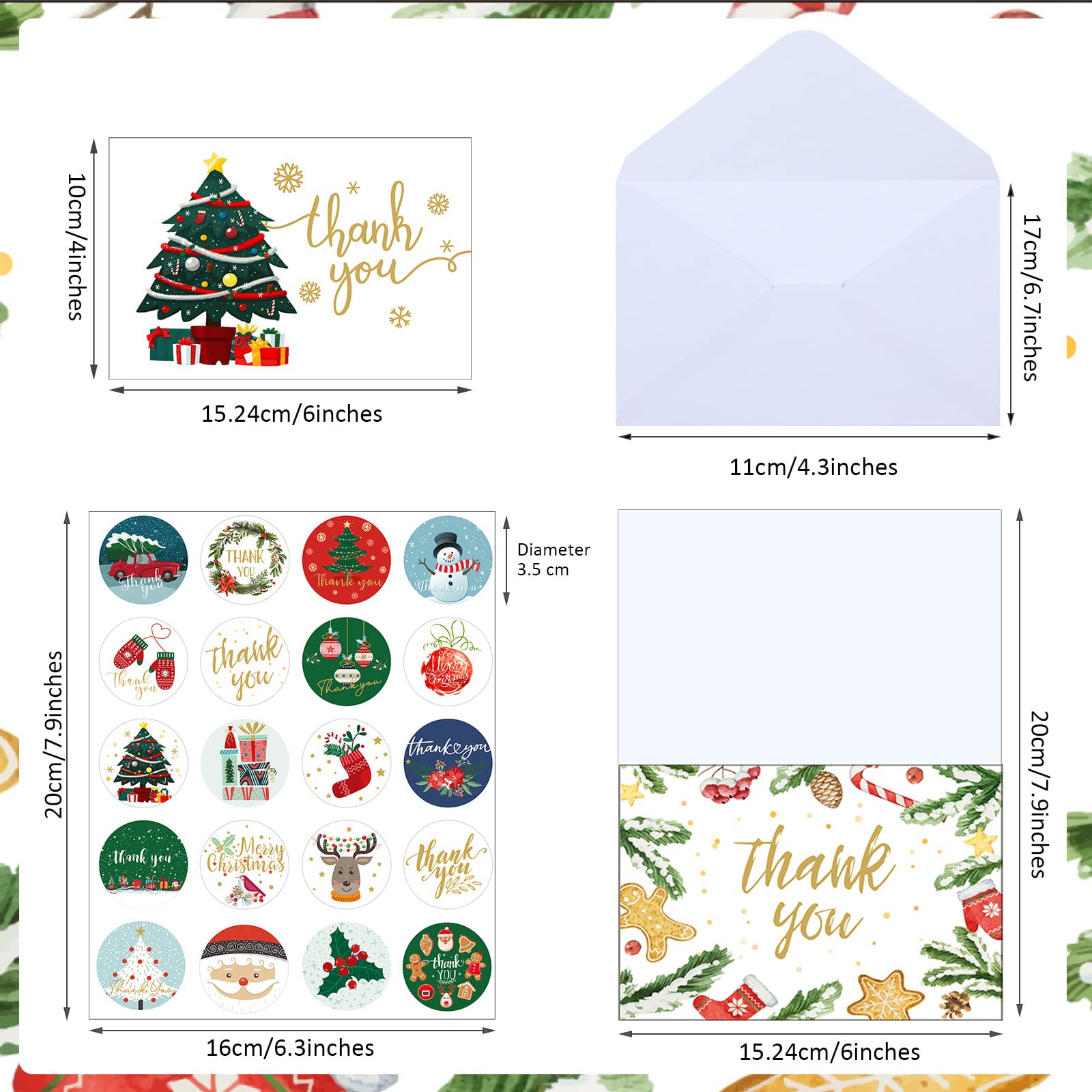 24 Pieces Christmas Thank You Cards Xmas Greeting Cards with Envelopes and Stickers, Christmas Tree Gingerbread Gift Box Holiday Thank You Note Cards Assortment for Xmas Holiday Present, 6 Designs