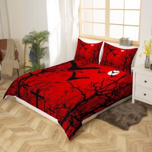 Happy Halloween Comforter Cover Teens Woodland Flying Bats Kids Bedding Set Teen Boys Spooky Night Jungle Duvet Cover Novelty Red Black Decor Quilt Cover Room 3Pcs King Size,Zipper