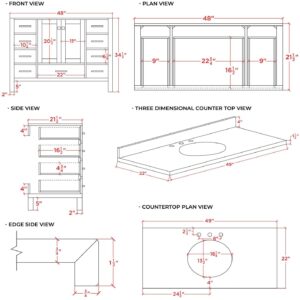 ARIEL 49" Grey Bathroom Vanity with Italian Carrara Marble Countertop & Backsplash, Center Oval Sink, 2 Soft Closing Doors, 9 Full Extension Dovetail Drawers, Brushed Nickel