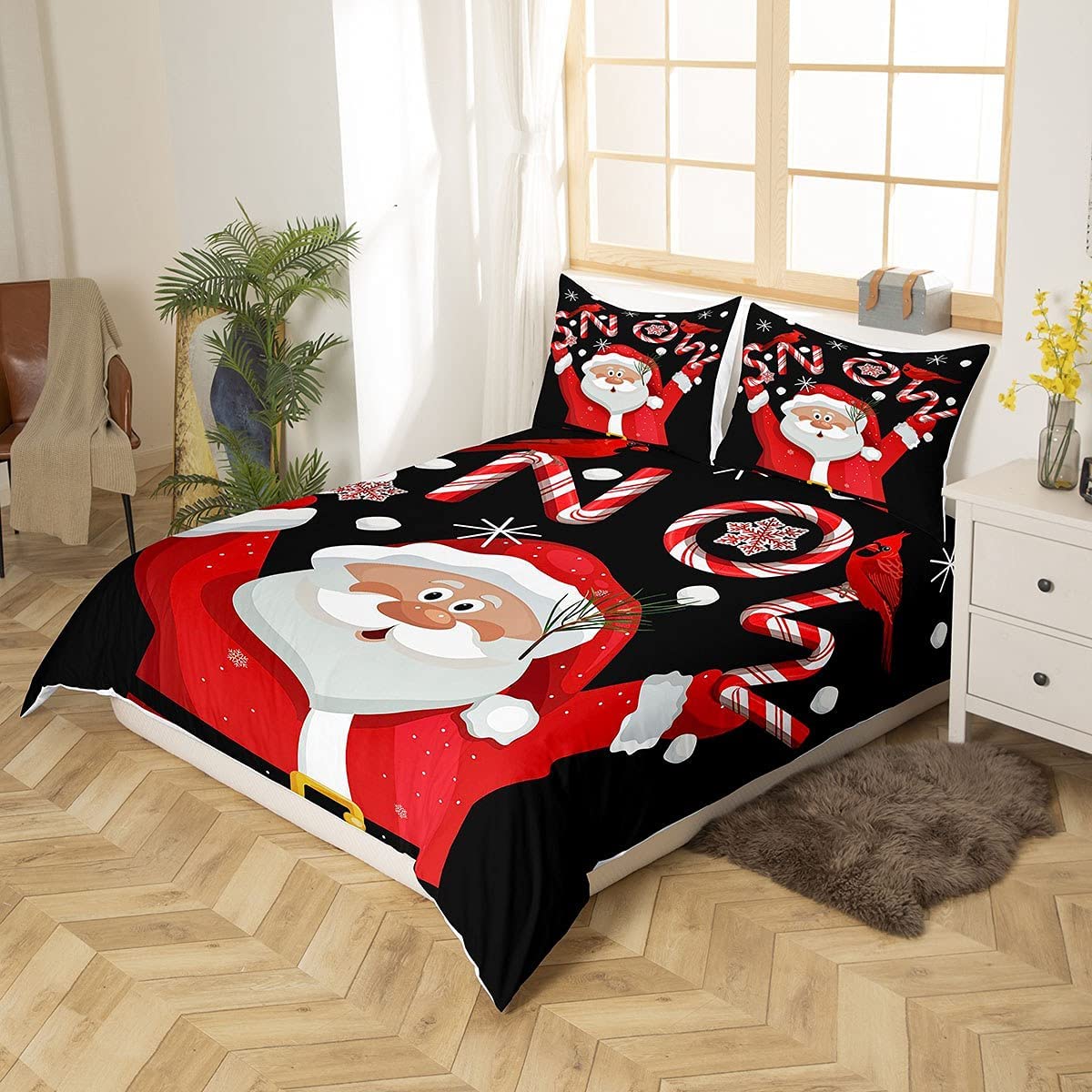 Cartoon Christmas Bedding Set Queen Size,Red Cute Santa Claus Duvet Cover Set for Children Present, Sweet Candies Black Comforter Cover with 2 Pillowcases Polyester Bedspread