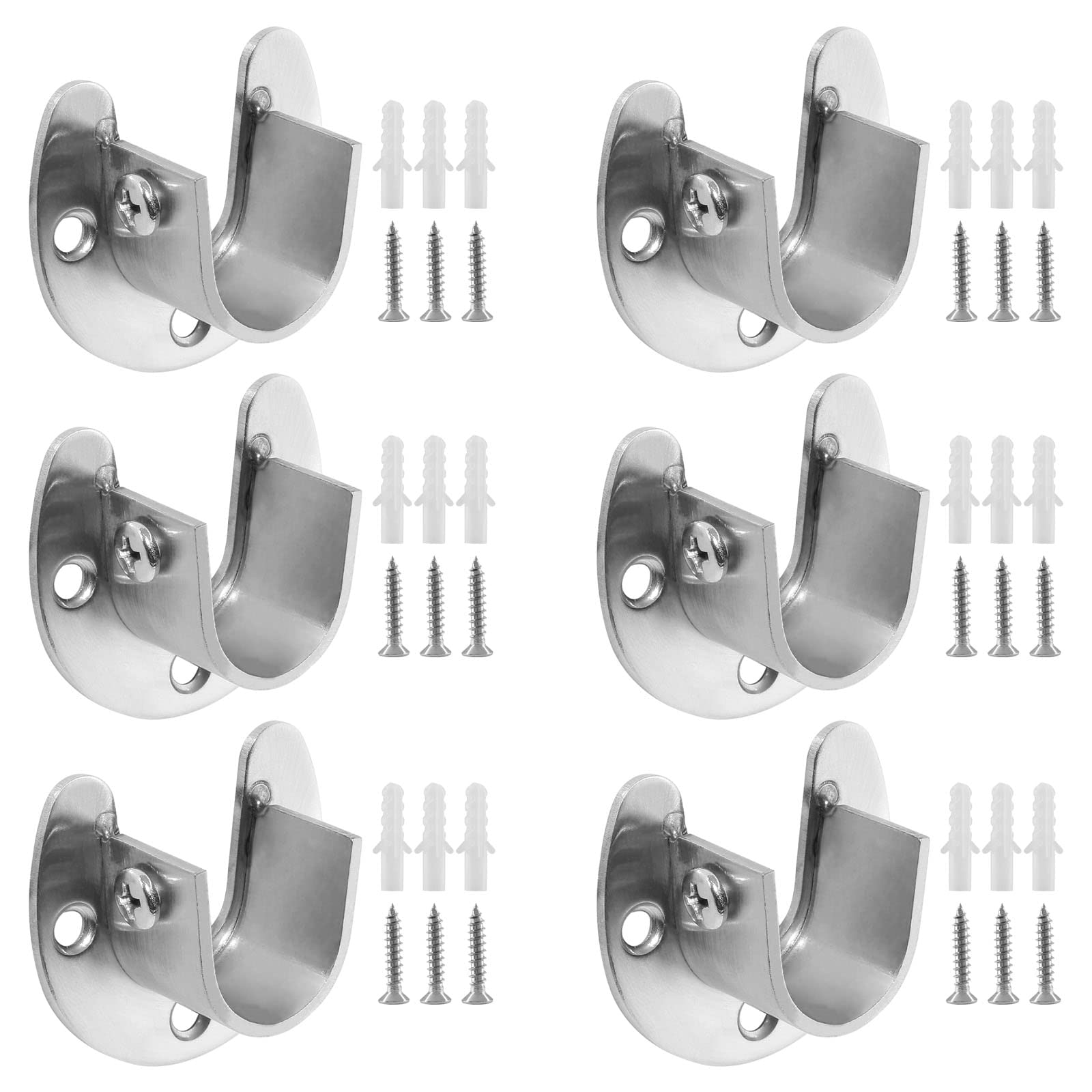 Augiimor 6PCS 3/4 Inch Closet Rod End Supports, Heavy Duty Stainless Steel Wardrobe Closet Rod Bracket, Flange Rod Holder with Screws, Silver