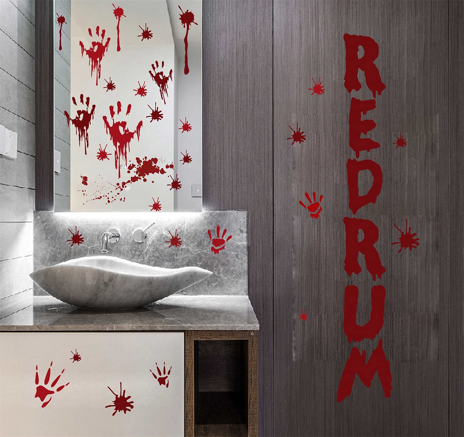 Halloween Redrum Murder Wall Decal Horror Ghost Hand Wall Decals Halloween Blood Splatter Decals Removable Peel and Stick Wall Stickers for Wall Halloween Party Window Decor