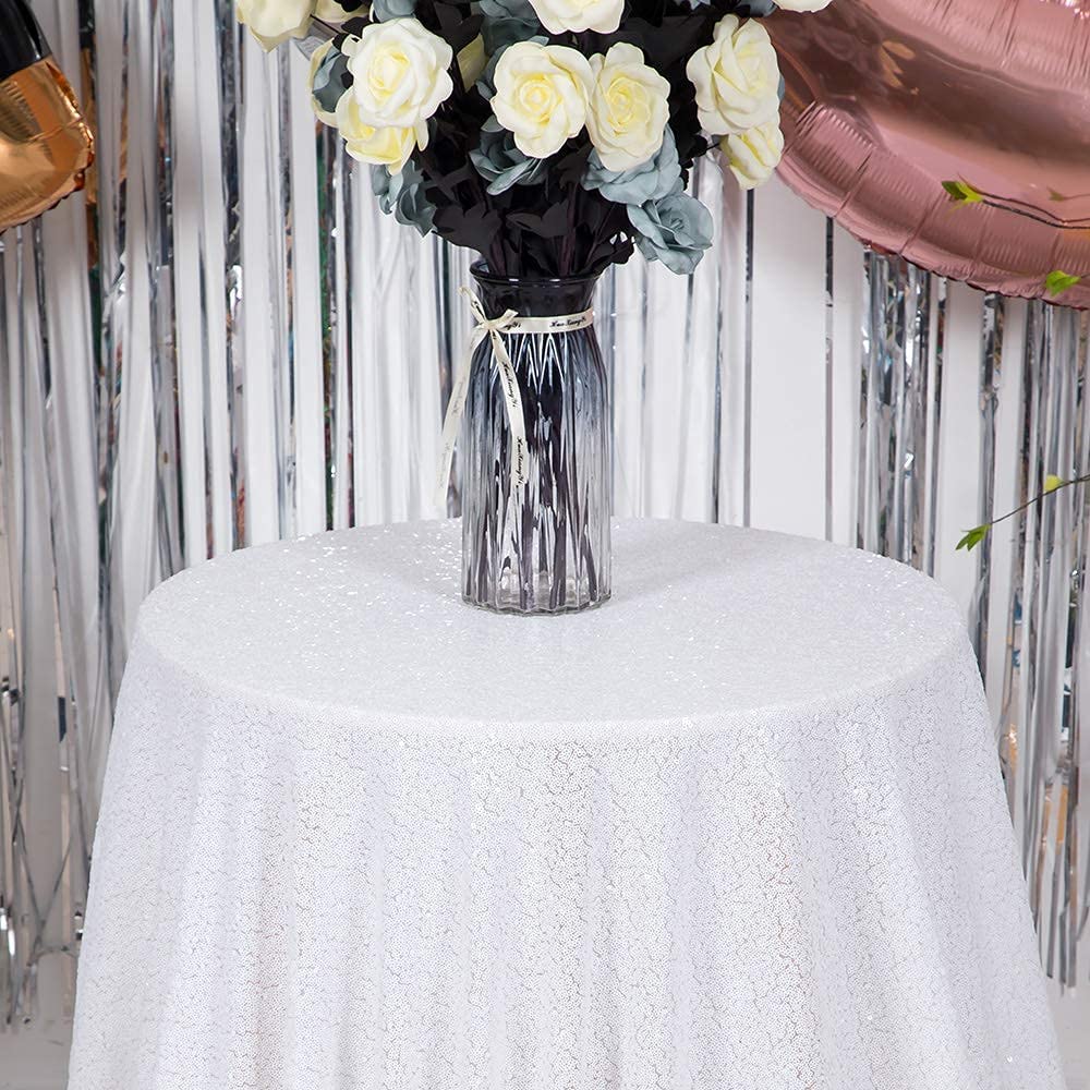 WISPET White Sequin Tablecloth 120" Round Sequin Tablecloth Shimmer Table Cloth Sparkly Drape Table Cover Decorations for Engagement Weddings Party Baby Bridal Shower Decorations