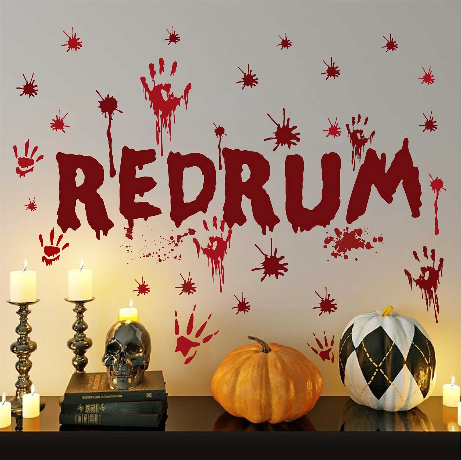 Halloween Redrum Murder Wall Decal Horror Ghost Hand Wall Decals Halloween Blood Splatter Decals Removable Peel and Stick Wall Stickers for Wall Halloween Party Window Decor