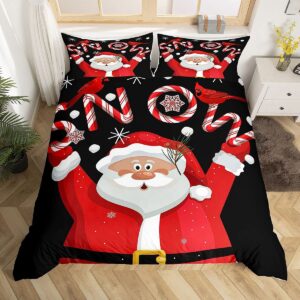 cartoon christmas bedding set queen size,red cute santa claus duvet cover set for children present, sweet candies black comforter cover with 2 pillowcases polyester bedspread