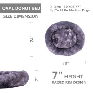 Oval Calming Donut Cuddler Dog Bed,Shag Faux Fur Cat Bed Washable Round Pillow Pet Bed(30"/36"/43") for Small Medium Dogs (L(30"x24"x7"), Grey2021)