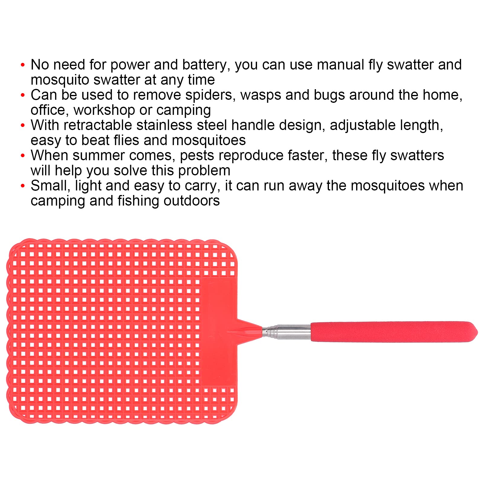 Telescopic Fly Swatter, Retractable Extendable Plastic Flyswatter Light Plastic with Stainless Steel Rod for Home for Office for Camping for Fishing(red)