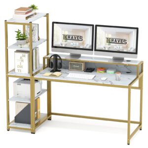 Teraves Computer Desk with 5 Tier Shelves,Reversible Writing Desk with Storage 49 Inch Study Table for Home Office Independent Bookcase and Desk for Multiple Scenes (White Marbling+ Gold Frame)