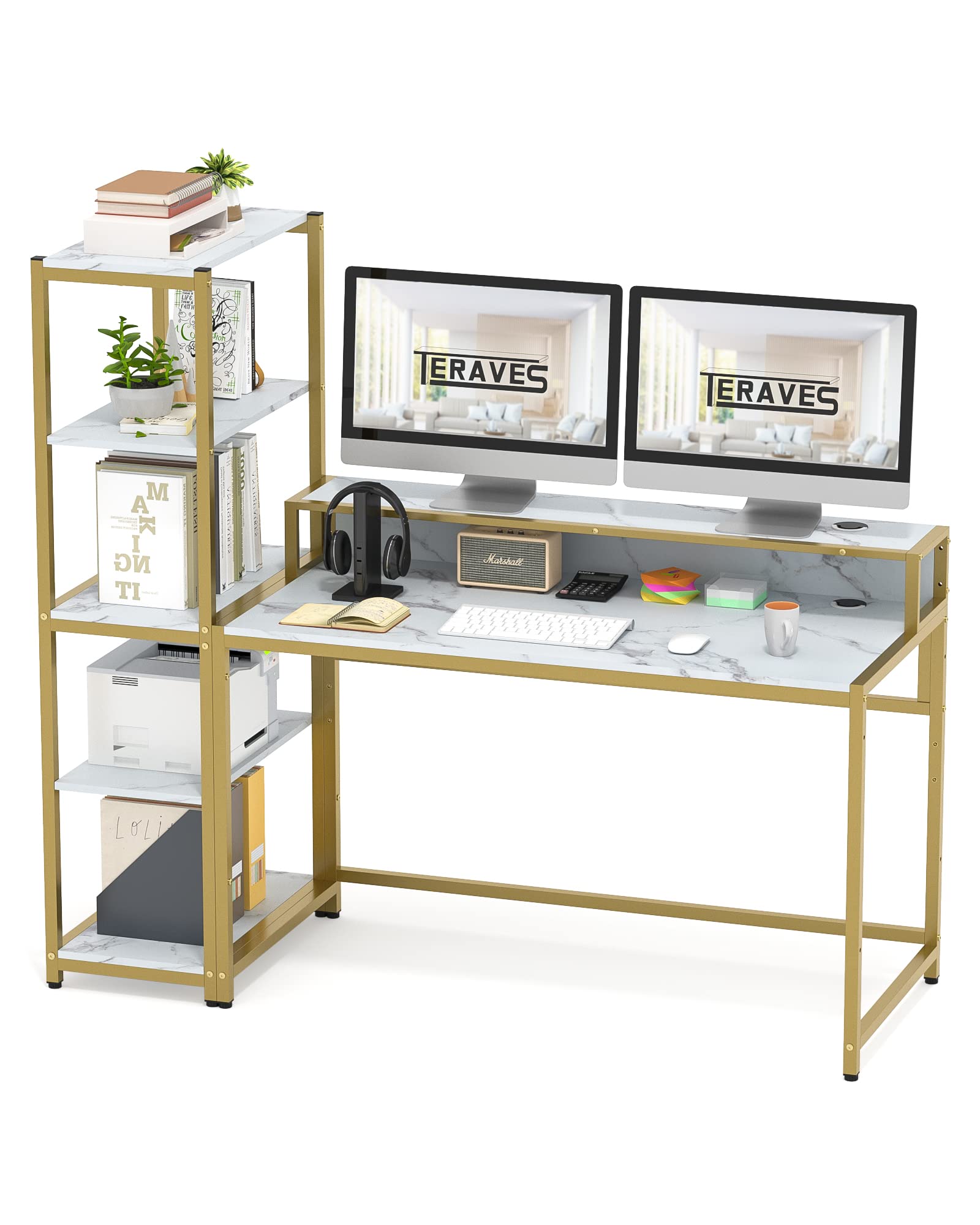 Teraves Computer Desk with 5 Tier Shelves,Reversible Writing Desk with Storage 49 Inch Study Table for Home Office Independent Bookcase and Desk for Multiple Scenes (White Marbling+ Gold Frame)