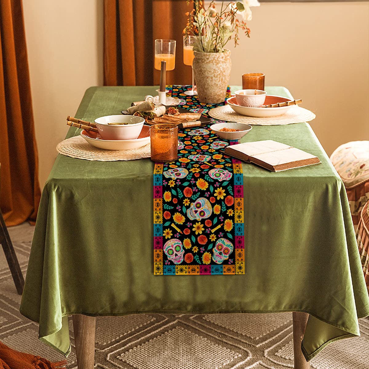 Dia De Los Muertos Table Runner Linen Mexican Sugar Skull Day of The Dead Altar Decoration for Home Kitchen Dining Room (13" x 72")