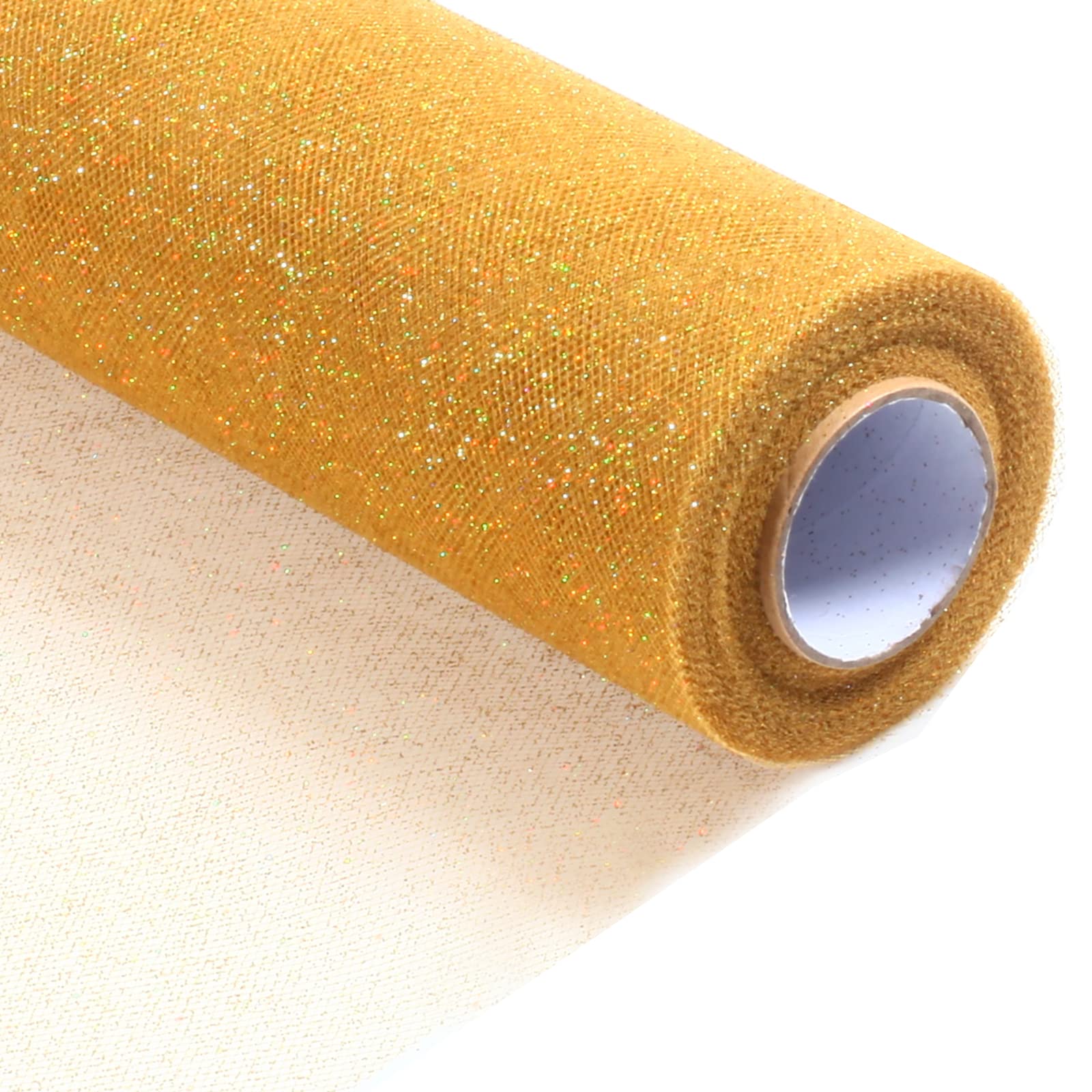 ICOSHOW Sparkling Tulle Rolls, 15” by 30 Yards (90FT) Glitter Tulle Spool Ribbon Fabric for Wedding Birthday Bridal Shower Tutu Skirt Party Gift Wrapping (Gold)