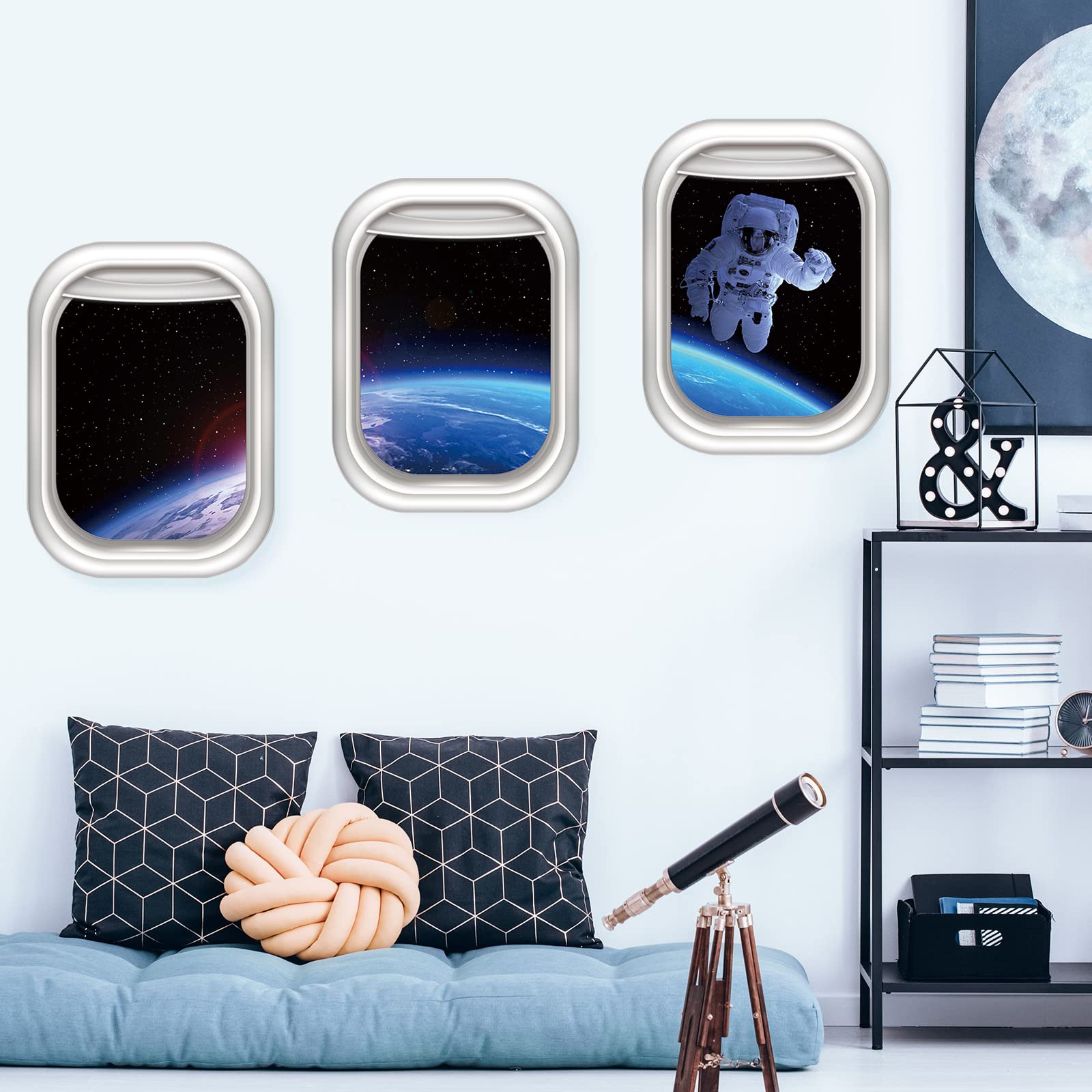 Rajahubri 3D Space Astronaut Window Wall Sticker Galaxy and Planet Fake Window Wall Decals Removable Outer Space Window View Wall Stickers Decal for Living Room