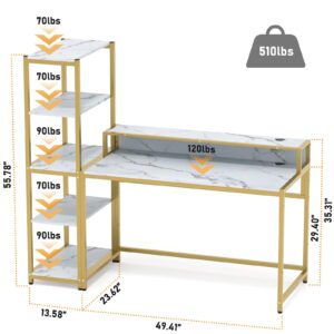 Teraves Computer Desk with 5 Tier Shelves,Reversible Writing Desk with Storage 49 Inch Study Table for Home Office Independent Bookcase and Desk for Multiple Scenes (White Marbling+ Gold Frame)