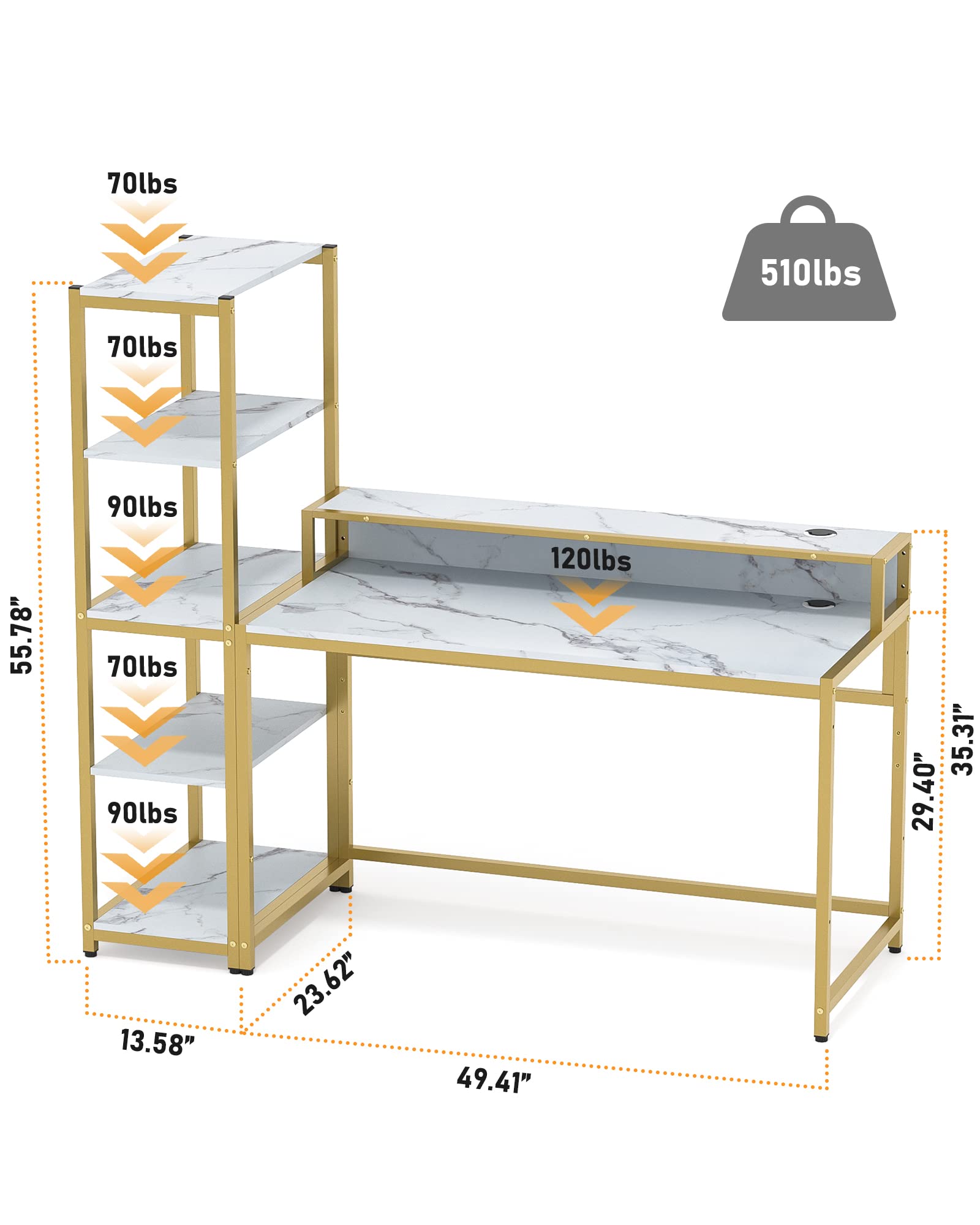 Teraves Computer Desk with 5 Tier Shelves,Reversible Writing Desk with Storage 49 Inch Study Table for Home Office Independent Bookcase and Desk for Multiple Scenes (White Marbling+ Gold Frame)