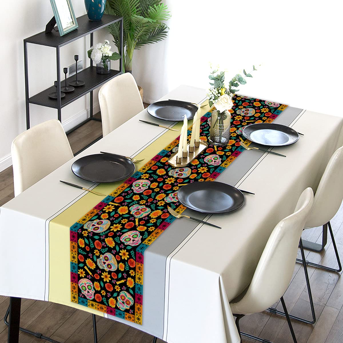 Dia De Los Muertos Table Runner Linen Mexican Sugar Skull Day of The Dead Altar Decoration for Home Kitchen Dining Room (13" x 72")