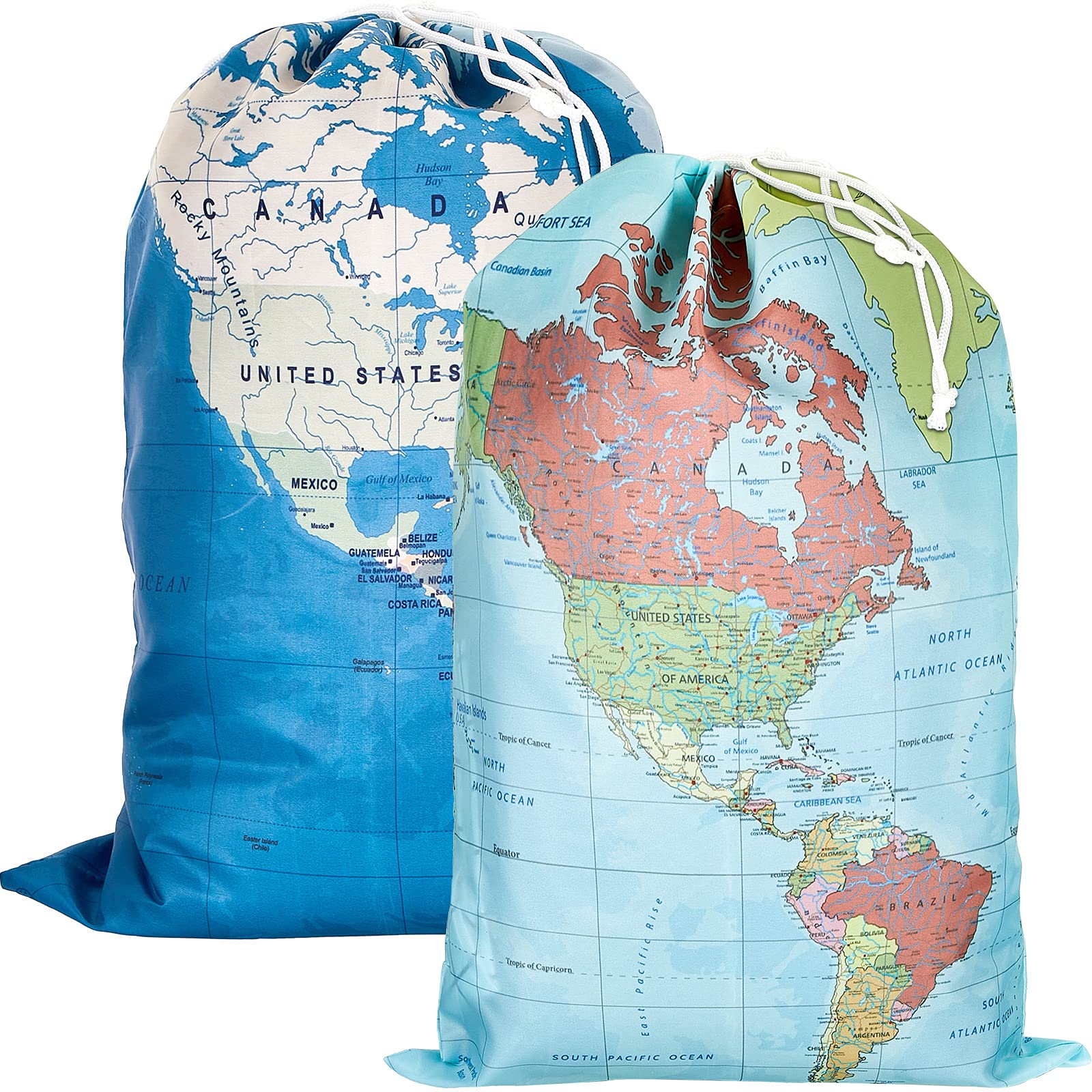 2 Pcs World Map Laundry Bag Travel Laundry Bag Polyester Heavy Duty Laundry with Drawstring Machine Washable Large Dirty Clothes Organizer Travel-size Laundry Bags for Camp Draw String Laundry Bags