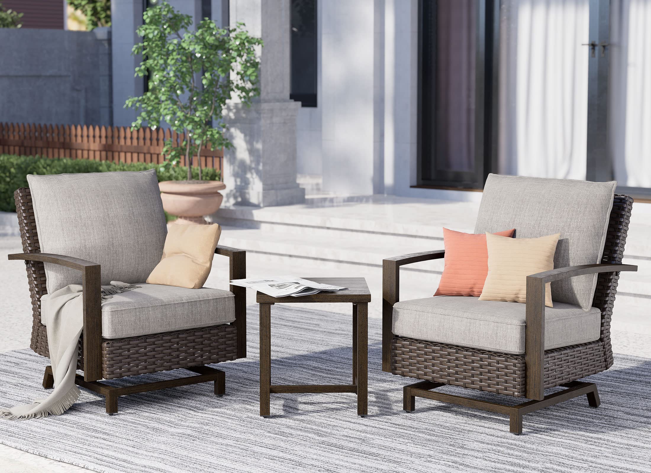 Grand patio Outdoor 3-Piece Aluminum Conversation Furniture Sofa Set Wicker Stationary Rockers with Wood Grain Finish and Coffee Table, Removable Olefin Cushion Dark Brown