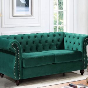 US Pride Furniture Modern Feinstein Style Soft Elegant 67.6’’ Wide Emerald Green Velvet Chesterfield Tight Back Rolled Arm Living Room Loveseat with Removable Cushion & Solid Wood Legs (S5677-5682)