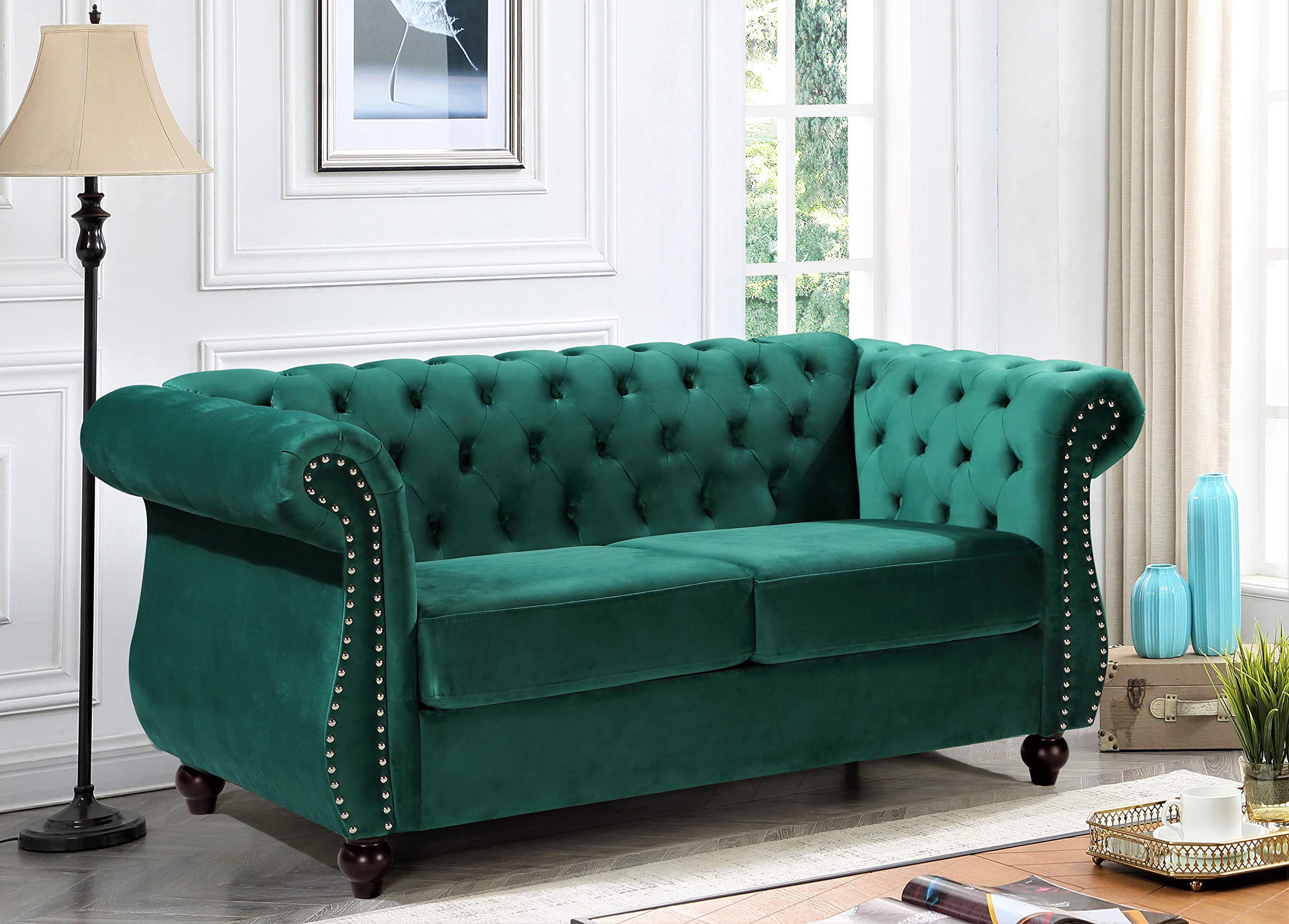 US Pride Furniture Modern Feinstein Style Soft Elegant 67.6’’ Wide Emerald Green Velvet Chesterfield Tight Back Rolled Arm Living Room Loveseat with Removable Cushion & Solid Wood Legs (S5677-5682)