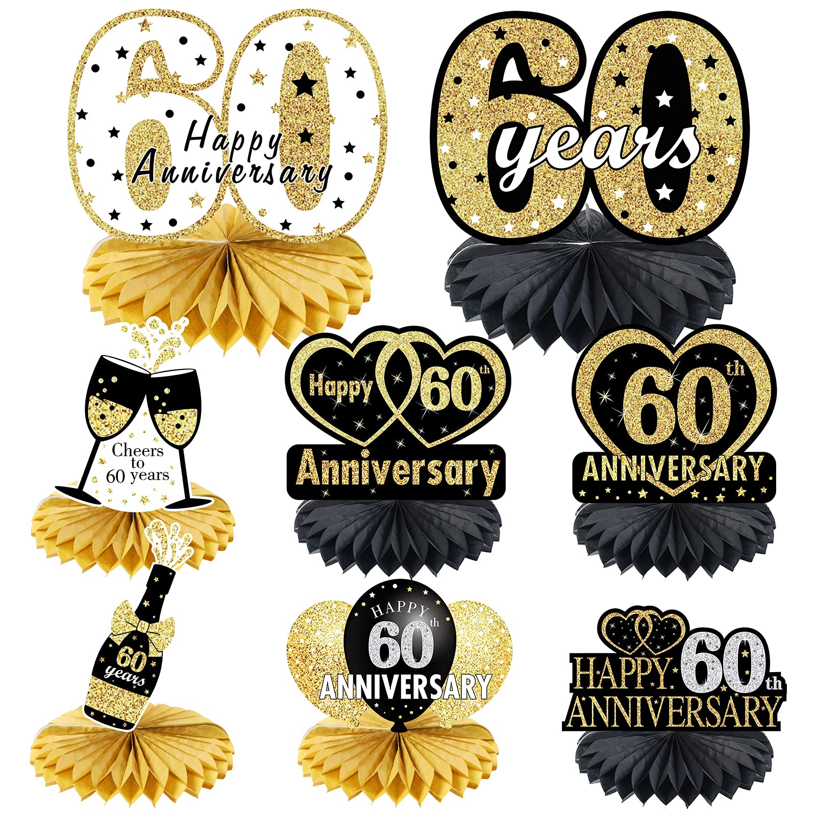 Happy 60th Anniversary Decorations Table Honeycomb Centerpiece, 8pcs 60 Wedding Anniversary Party Supplies, Black Gold Sixty Year Anniversary Table Topper Decor Kit