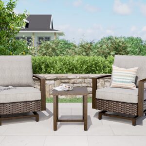 Grand patio Outdoor 3-Piece Aluminum Conversation Furniture Sofa Set Wicker Stationary Rockers with Wood Grain Finish and Coffee Table, Removable Olefin Cushion Dark Brown