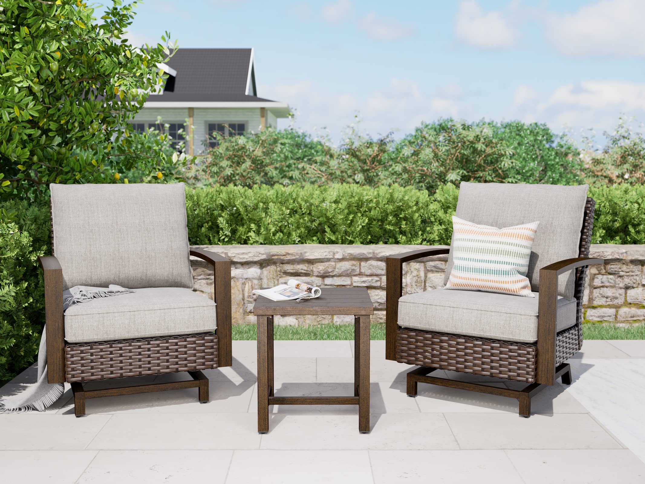 Grand patio Outdoor 3-Piece Aluminum Conversation Furniture Sofa Set Wicker Stationary Rockers with Wood Grain Finish and Coffee Table, Removable Olefin Cushion Dark Brown