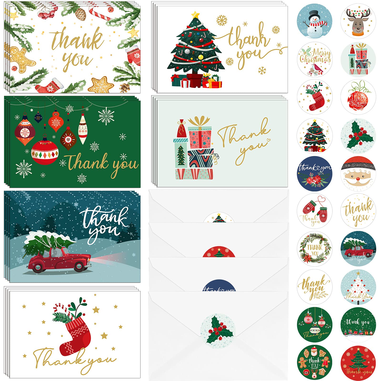 24 Pieces Christmas Thank You Cards Xmas Greeting Cards with Envelopes and Stickers, Christmas Tree Gingerbread Gift Box Holiday Thank You Note Cards Assortment for Xmas Holiday Present, 6 Designs