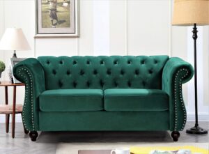 us pride furniture modern feinstein style soft elegant 67.6’’ wide emerald green velvet chesterfield tight back rolled arm living room loveseat with removable cushion & solid wood legs (s5677-5682)