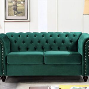 US Pride Furniture Modern Feinstein Style Soft Elegant 67.6’’ Wide Emerald Green Velvet Chesterfield Tight Back Rolled Arm Living Room Loveseat with Removable Cushion & Solid Wood Legs (S5677-5682)