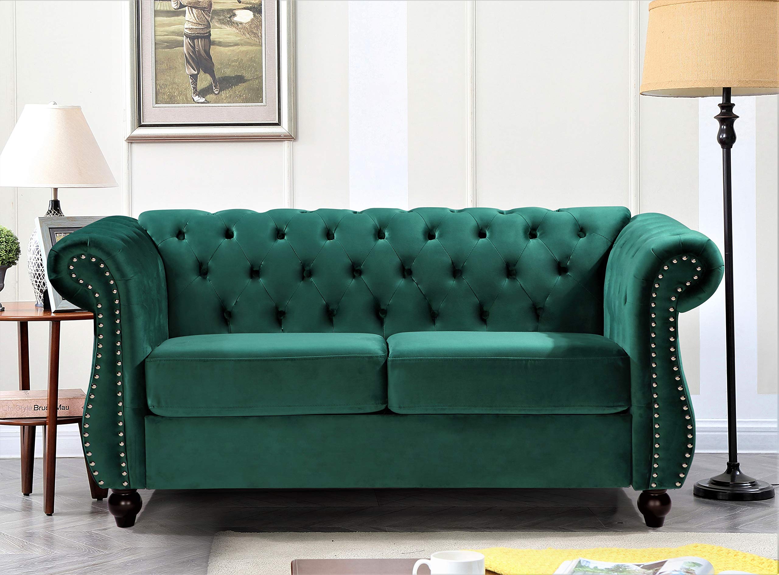 US Pride Furniture Modern Feinstein Style Soft Elegant 67.6’’ Wide Emerald Green Velvet Chesterfield Tight Back Rolled Arm Living Room Loveseat with Removable Cushion & Solid Wood Legs (S5677-5682)