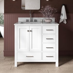 ARIEL Cambridge 37 Inch Bathroom Vanity with Sink, White Bathroom Vanity, Solid Wood Vanity Base Cabinet, Carrara Marble Countertop, Left Rectangular Single Sink, 2 Soft Closing Doors, 5 Drawers