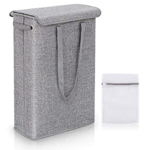 slim laundry basket with lid, tall thin laundry hamper with handles, waterproof lining narrow dirty clothes hamper for bathroom bedroom dorm nursery organization storage (45l, dark grey)