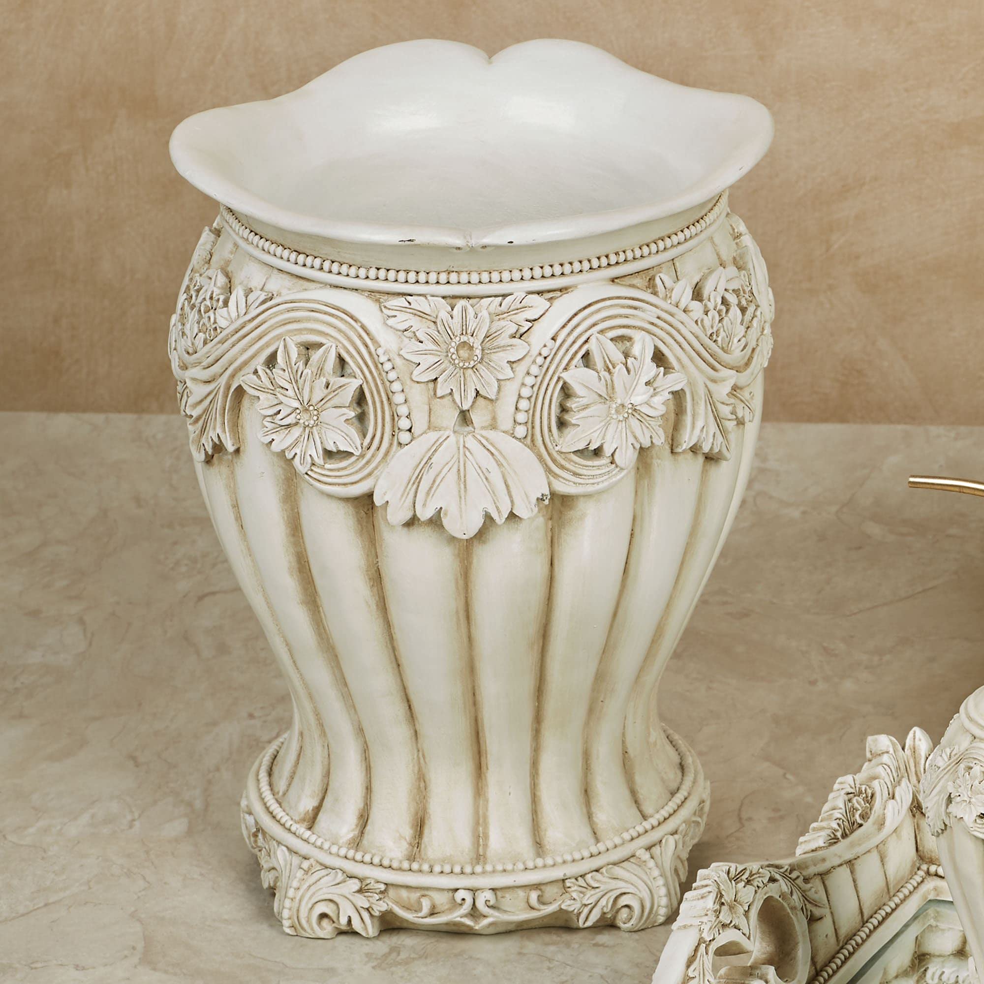 Touch of Class Flowering Medallion Wastebasket - Resin - Antique Ivory - Painted by Hand Container for Bathroom, En Suite, Kitchen - Functional Accessory