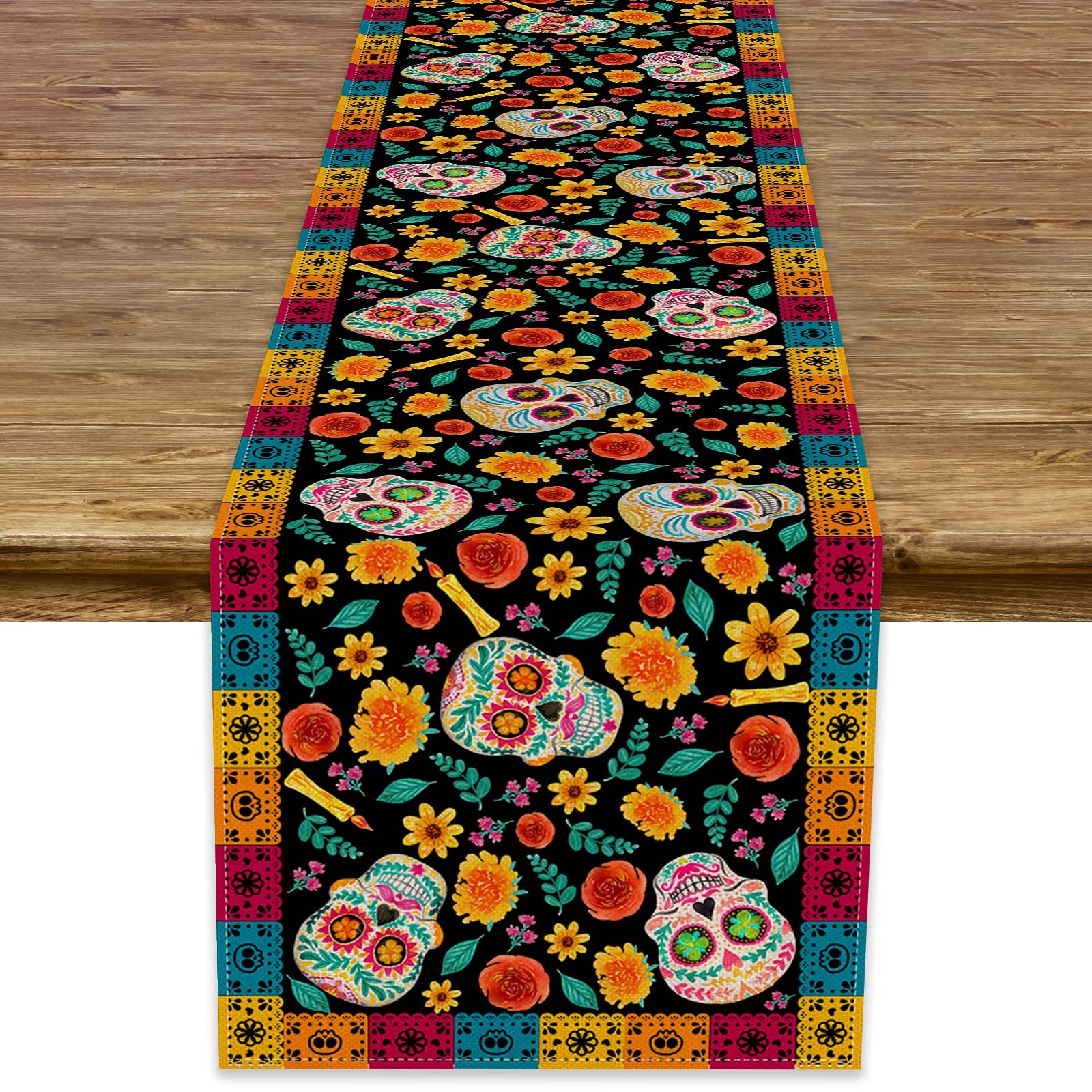 Dia De Los Muertos Table Runner Linen Mexican Sugar Skull Day of The Dead Altar Decoration for Home Kitchen Dining Room (13" x 72")