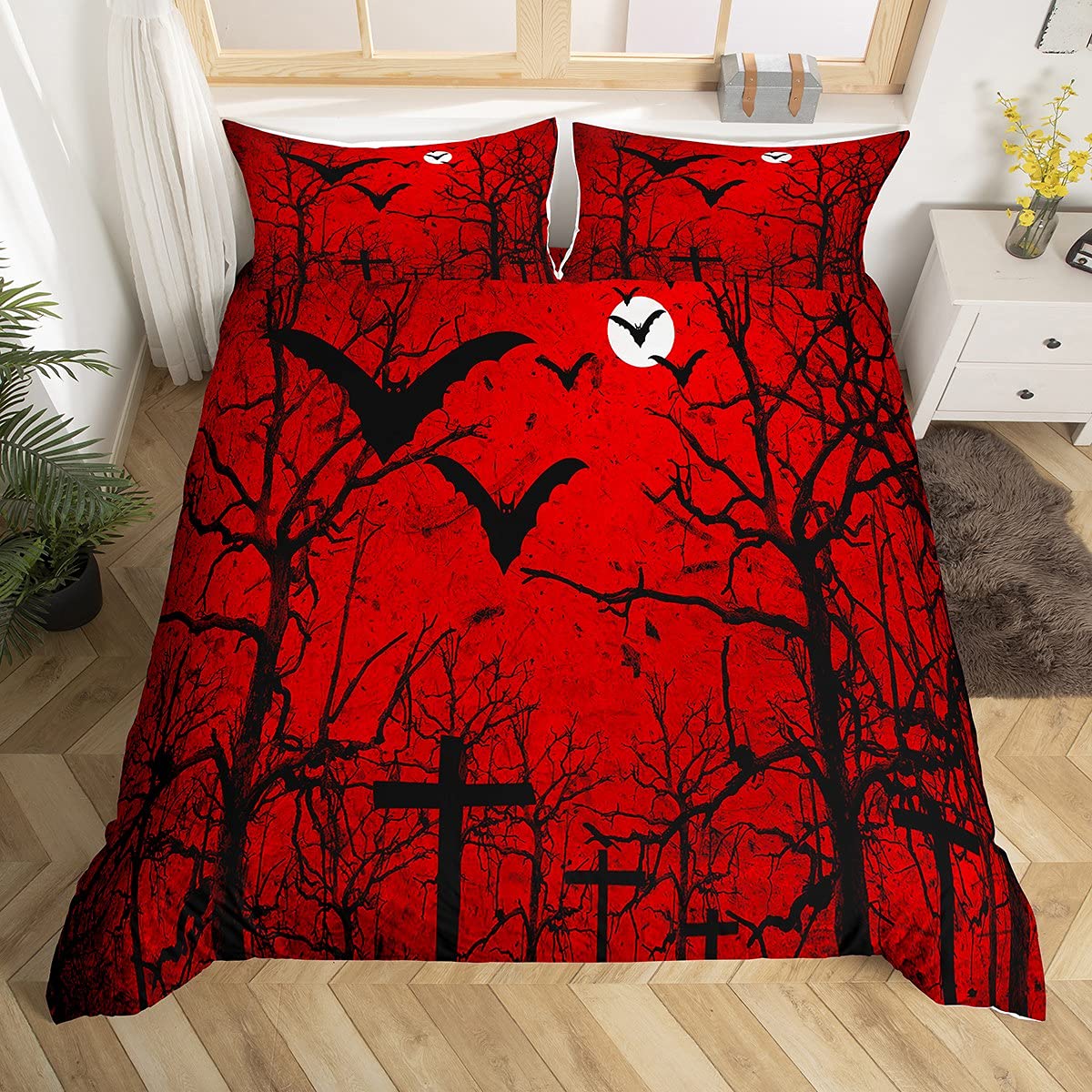 Happy Halloween Comforter Cover Teens Woodland Flying Bats Kids Bedding Set Teen Boys Spooky Night Jungle Duvet Cover Novelty Red Black Decor Quilt Cover Room 3Pcs King Size,Zipper