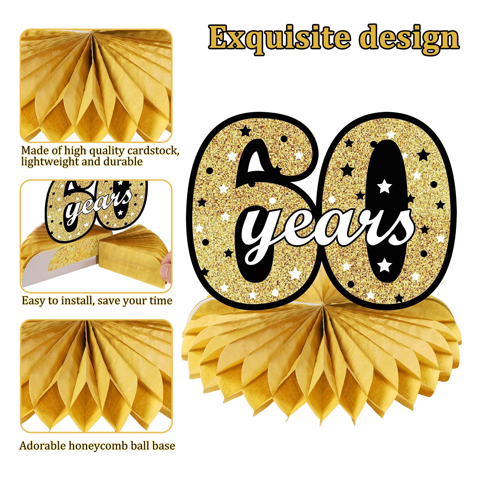 Happy 60th Anniversary Decorations Table Honeycomb Centerpiece, 8pcs 60 Wedding Anniversary Party Supplies, Black Gold Sixty Year Anniversary Table Topper Decor Kit