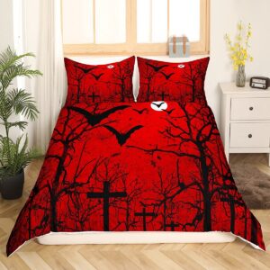 happy halloween comforter cover teens woodland flying bats kids bedding set teen boys spooky night jungle duvet cover novelty red black decor quilt cover room 3pcs king size,zipper