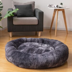 oval calming donut cuddler dog bed,shag faux fur cat bed washable round pillow pet bed(30"/36"/43") for small medium dogs (l(30"x24"x7"), grey2021)