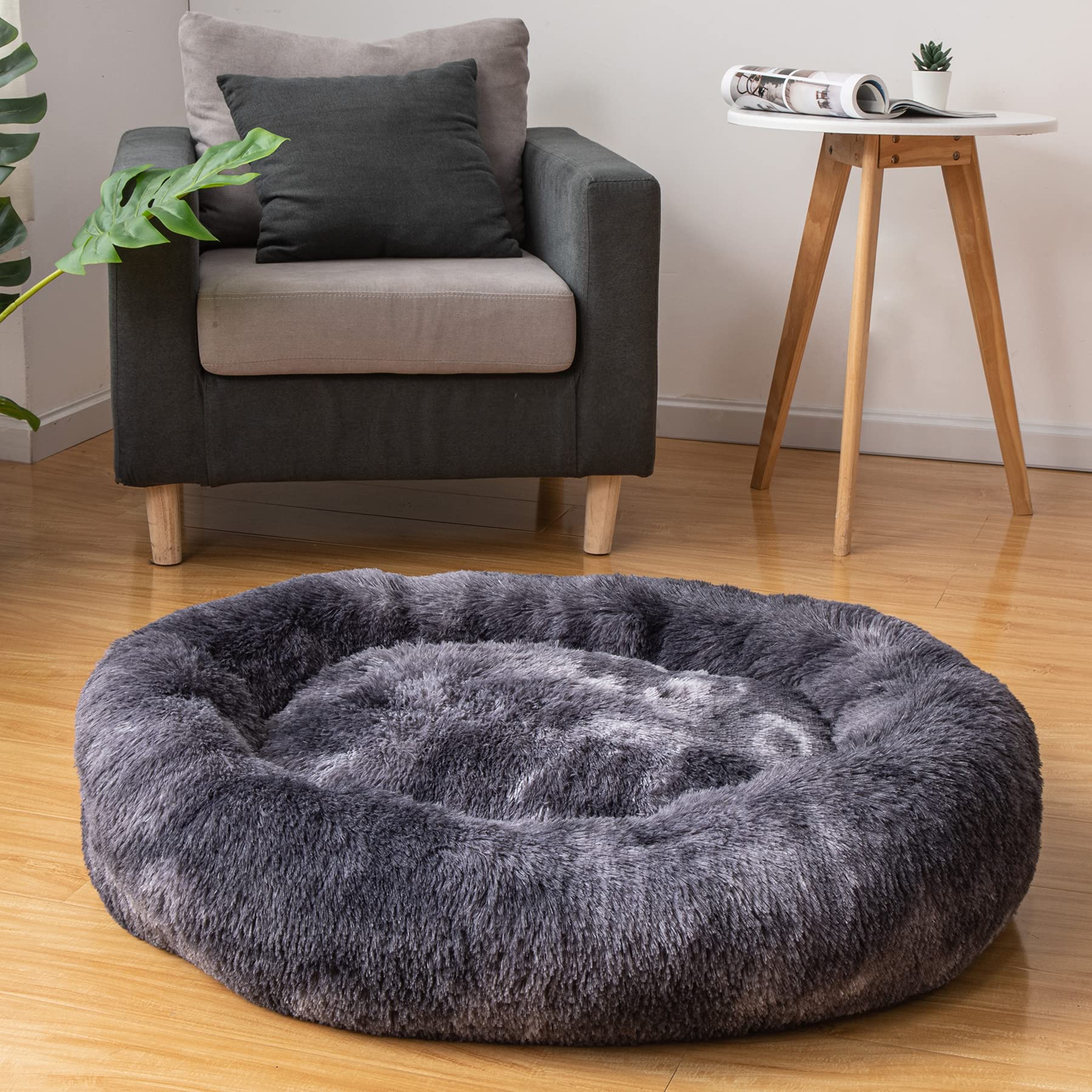 Oval Calming Donut Cuddler Dog Bed,Shag Faux Fur Cat Bed Washable Round Pillow Pet Bed(30"/36"/43") for Small Medium Dogs (L(30"x24"x7"), Grey2021)