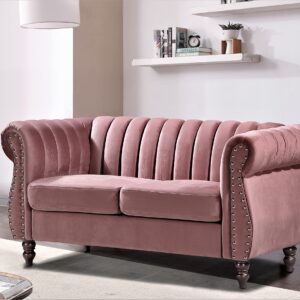 US Pride Furniture Chesterfield Rolled Arm Modern Style Fabric Rose Velvet Soft Living Room Loveseat with Removable Back Cushions & Solid Wood Support (S5644-5649) Sofas