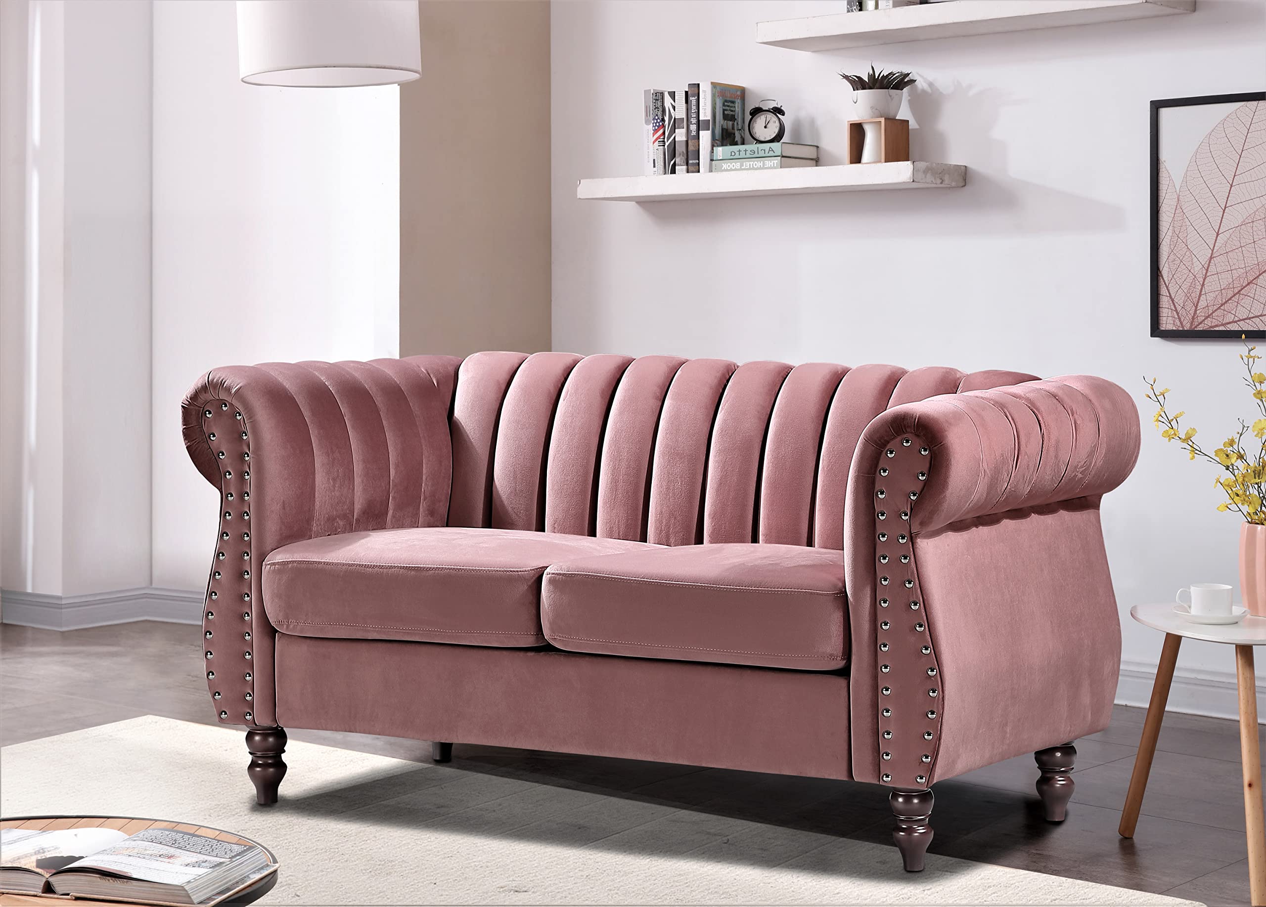 US Pride Furniture Chesterfield Rolled Arm Modern Style Fabric Rose Velvet Soft Living Room Loveseat with Removable Back Cushions & Solid Wood Support (S5644-5649) Sofas