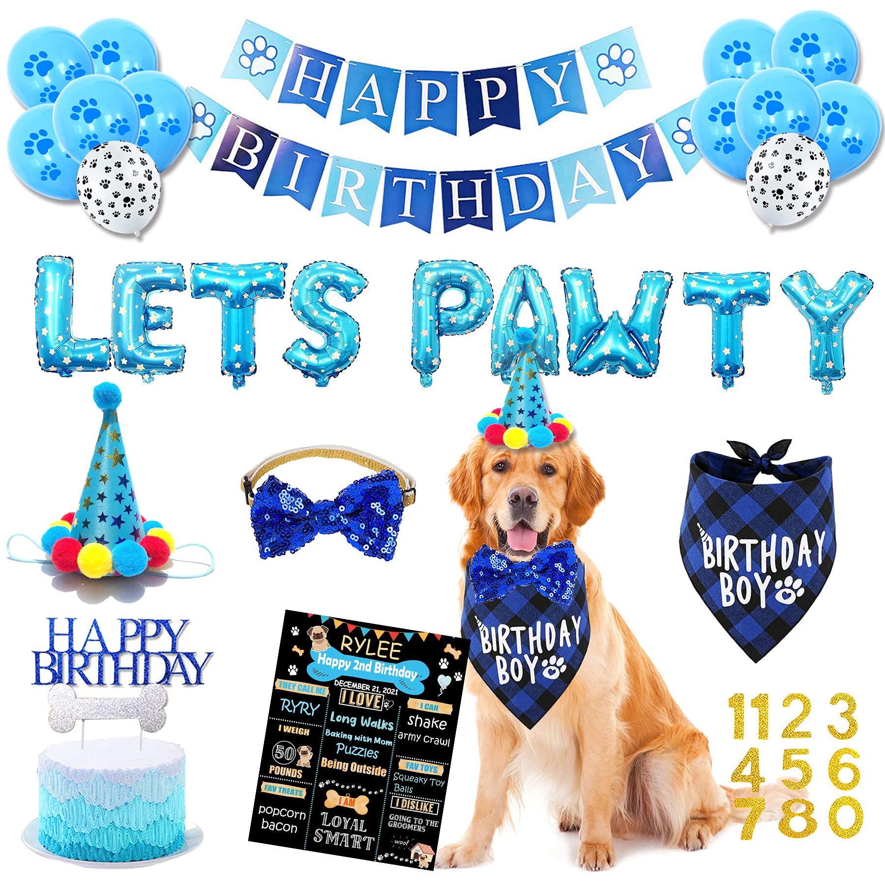 Dog Birthday Party Supplies, Dog Birthday Decorations Boy, Lets Pawty Balloons Banner, Dog Birthday Bandana, Dog Birthday Boy Hat Scarfs