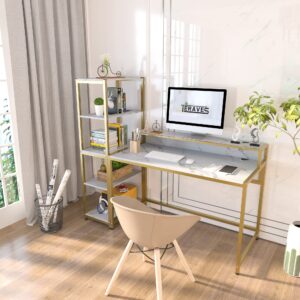 Teraves Computer Desk with 5 Tier Shelves,Reversible Writing Desk with Storage 49 Inch Study Table for Home Office Independent Bookcase and Desk for Multiple Scenes (White Marbling+ Gold Frame)