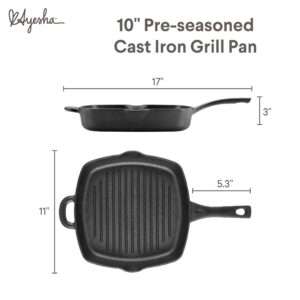 Ayesha Curry Kitchenware Preseasoned Cast Iron Square Grill/Griddle Pan with Helper Handle and Pour Spouts, 10 Inch, Black