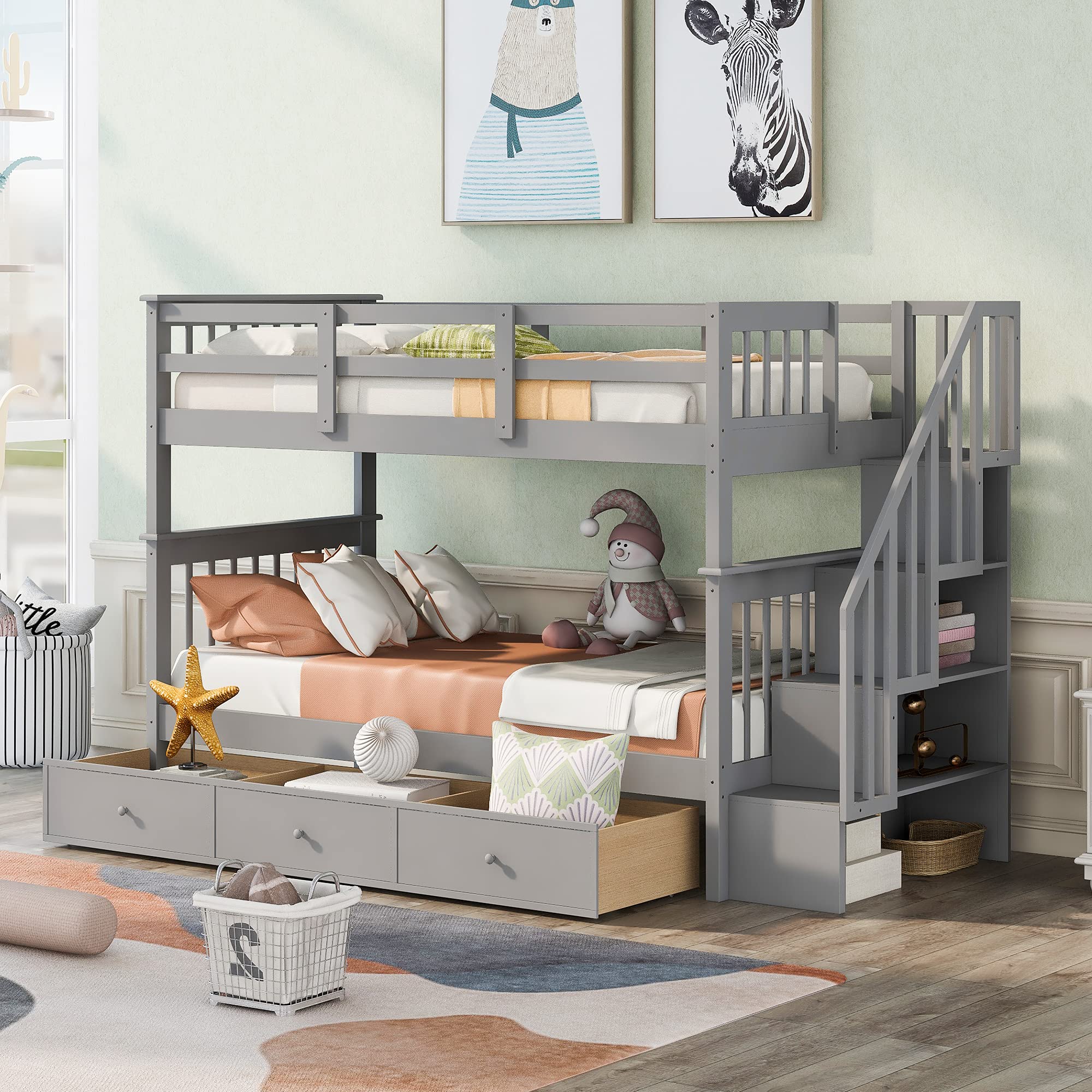 Harper & Bright Designs Twin Over Twin Bunk Beds with Storage Drawers and Stairs Wood Bunk Bed Frame for Kids Boys Girls Teens, Gray